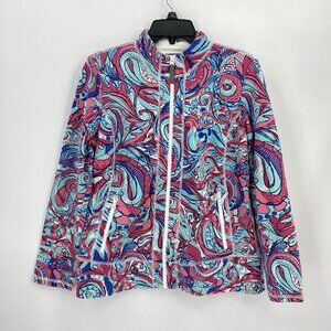 Talbots Full Zip Stretch Jacket Aqua Blue Pink Paisley Womens Large Petite